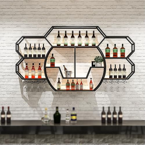 ZYYLIVR Weinregal Zur Wandmontage,Metall Flaschenregal Weinregale Mit Glashaltern,Weinflaschenhalter Mit LED-Beleuchtung,Wand Flaschenhalter Ideal Als Barregal Und Getränkehalter Für Küche(Black) von ZYYLIVR