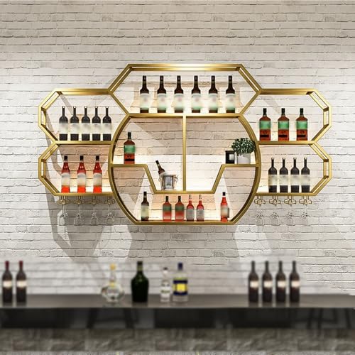 ZYYLIVR Weinregal Zur Wandmontage,Metall Flaschenregal Weinregale Mit Glashaltern,Weinflaschenhalter Mit LED-Beleuchtung,Wand Flaschenhalter Ideal Als Barregal Und Getränkehalter Für Küche(Gold) von ZYYLIVR