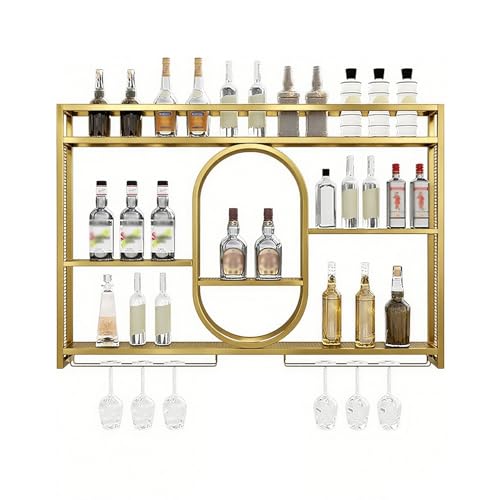 ZYYLIVR Weinregal Zur Wandmontage,Wand Montiertes Weinregal Mit Weinglasregal,Metall Bar Weinflaschen Präsentationsregal Metall,Weinglas Hängeregal Eisen,geeignet Für Bar,Gold(Black,47.2IN/120CM) von ZYYLIVR