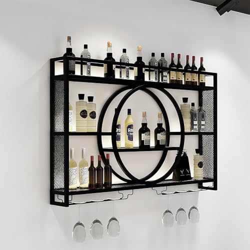 ZYYLIVR Weinregal Zur Wandmontage,Wand Montiertes Weinregal Mit Weinglasregal,Metallbar Weinflaschen Präsentationsregal,Bar Regal Mit LED-Beleuchtung Modernes Hängeregal(Black,55.1in/140cm) von ZYYLIVR