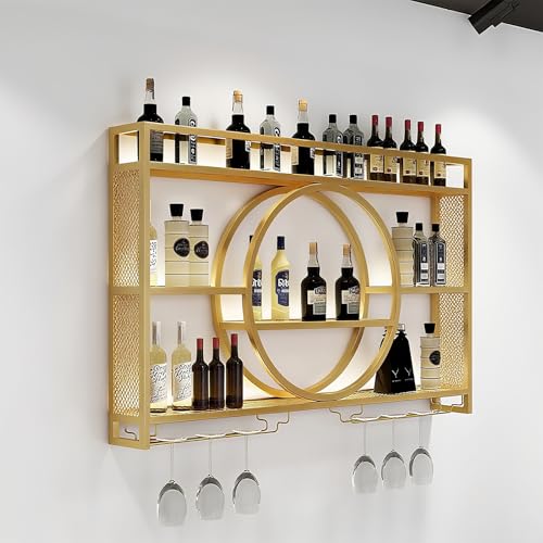 ZYYLIVR Weinregal Zur Wandmontage,Wand Montiertes Weinregal Mit Weinglasregal,Metallbar Weinflaschen Präsentationsregal,Bar Regal Mit LED-Beleuchtung Modernes Hängeregal(Gold,39.3in/100cm) von ZYYLIVR