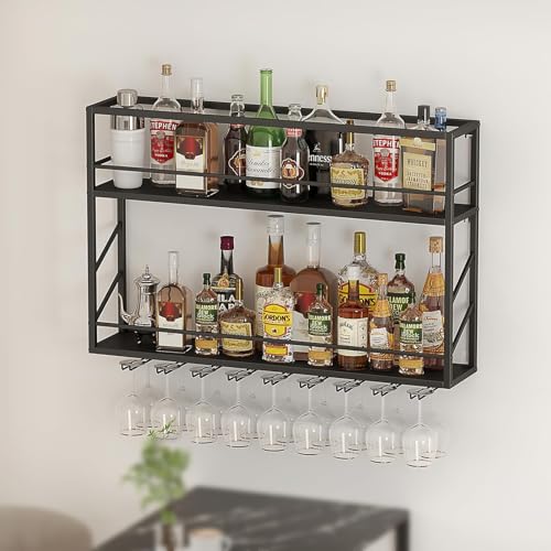 ZYYLIVR Weinregal Zur Wandmontage,Wand Montiertes Weinregal Mit Weinglasregal,Metallbar Weinflaschen Präsentationsregal,Weinglas Hängeregal,geeignet Für Bar,Café(Black,39.4IN/100CM) von ZYYLIVR