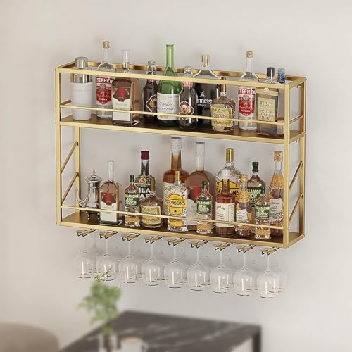ZYYLIVR Weinregal Zur Wandmontage,Wand Montiertes Weinregal Mit Weinglasregal,Metallbar Weinflaschen Präsentationsregal,Weinglas Hängeregal,geeignet Für Bar,Café(Gold,47.2IN/120CM) von ZYYLIVR