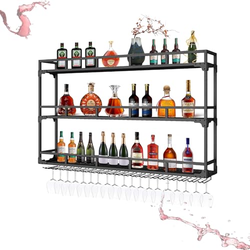 ZYYLIVR Weinregal zur Wandmontage, Weinregal Wand Mit LED-Licht, Flaschenregal Mit Glashalter, Weinhalter Metall Hängend, Bar Regal Wand Für Küche Weinkeller(Black,150x90cm/59x35.4in) von ZYYLIVR