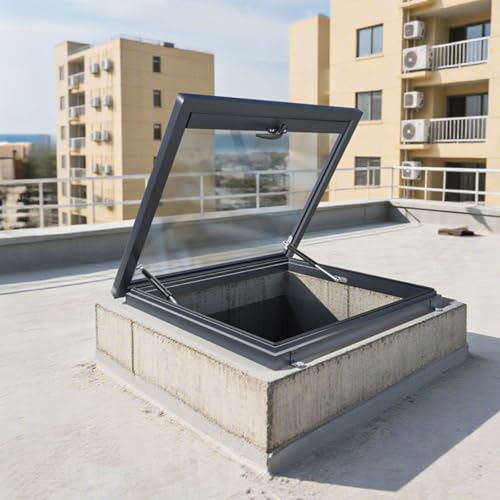 Aluminium-Flachdach-Lichtschachtfenster, Dachfenster mit Öffnung aus Aluminium, Dachboden/Wintergarten/Schuppen/Scheunen Flügelfenster, Zugangsklappe(65 * 65cm/25.7 * 25.7in) von ZYZSY
