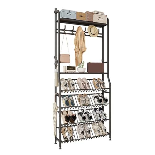 Garderobenständer mit Schuhablage, Schuhregal mit Garderobe, Schuhregal aus Pflegeleichtem Metall Montiert, Schuhe platzsparend Schuhständer für Flur, Eingangsbereich(Black,83*172cm/33*68in) von ZYZSY