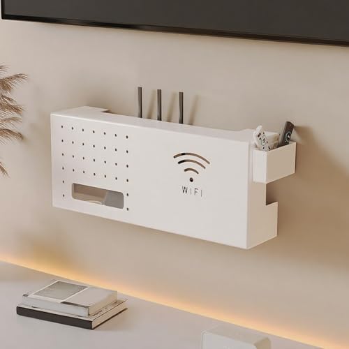 WiFi Router Aufbewahrungsbox, Wandmontiertes WiFi Lagerregal mit 1 kleinen Box, kreative dekorative schwimmende Rack, für Zuhause und Büro(White,40 * 10 * 20cm/16 * 4 * 8in) von ZYZSY