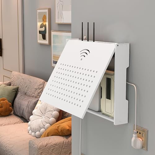 WiFi Router Aufbewahrungsbox Schweberegale Set-Top-Box, Kabel Verstecken Wand um den Router Ihren Kabelsalat in Stilvolleren Art und Weise zu Verstecken für Wohnzimmer(White1,36x7.3x28cm/14x3x11in) von ZYZSY