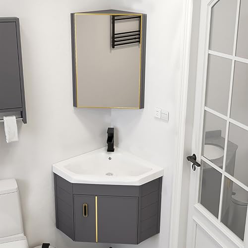 ZYZSY Eckwaschbecken mit Unterschrank, Wandmontiertes Keramikwaschbecken mit Spiegelschrank, Eck-badezimmerschrank mit Hahnloch, Badmöbel-Set für Badezimmer & Gäste-WC(48cm/19in) von ZYZSY