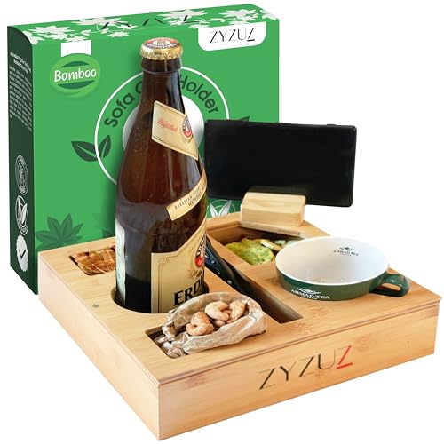 ZYZUZ® Couchbar Snackbox Sofatablett mit 360° drehbarer Handyhalterung – Bambus Couch Bar Butler Tablett mit Getränkehalter – Snagger Snackbar Sofa Organizer – Biergeschenke für Männer & Frauen von ZYZUZ