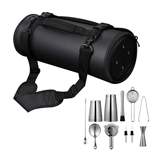 ZZBD Barkeeper Werkzeug Aufbewahrungstasche Reise Barkeeper Kit Tasche Einfaches Tragen und Aufbewahren mit Schultergurt für Arbeitspartys Bar Zuhause Cocktailzubereitung (Silbernes 10 teilige Set) von ZZBD