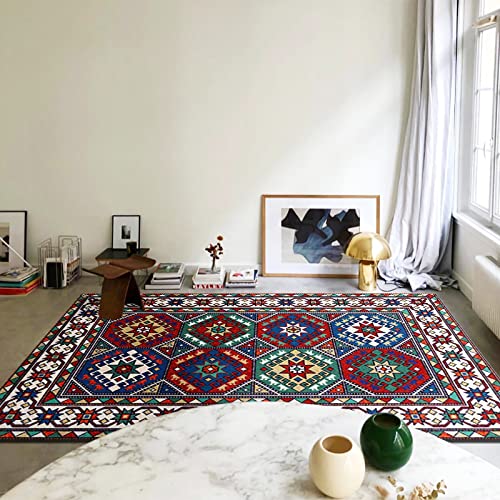 ZZBD Rot Blau Bohemian Marokkanische Wohnzimmer Teppiche Retro Blumen Heimtextilien Großer Teppich Weich Nicht Verschütten Anti-Rutsch Fußmatte für Schlafzimmer Sofa Couchtisch Matte (A, 140x200cm) von ZZBD