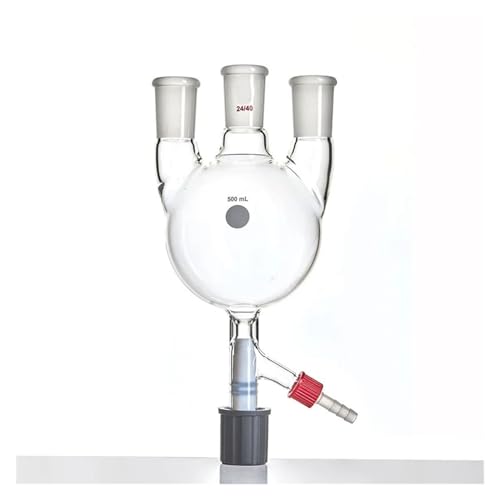 ZZCYLIUXY Gerader Flachmann mit drei Öffnungen, rund, 8 mm Hochvakuum-PTFE-Entladungsventil, GL14 mm abnehmbare kleine Düse, F42 (2000 ml-F42242LT) von ZZCYLIUXY