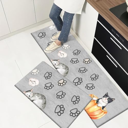 2Stk Küchenteppich 40X60+40X120Cm Graue Katze Küchenläufer Teppich Für Küche Waschbarer rutschfest Läufer Küchenmatte Weich Und Superabsorbierend Waschbar In Waschmaschine von ZZDXL