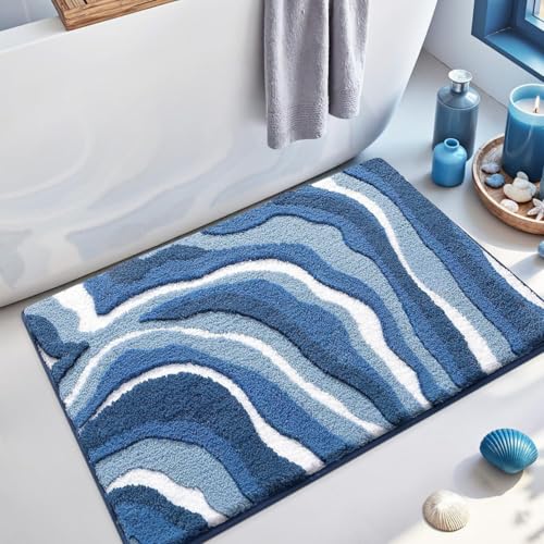 Badematten Blau Und Weiß Badematte rutschfest Waschbar Flauschige Badteppich Mikrofaser Saugfähig Badvorleger Duschvorleger von ZZDXL