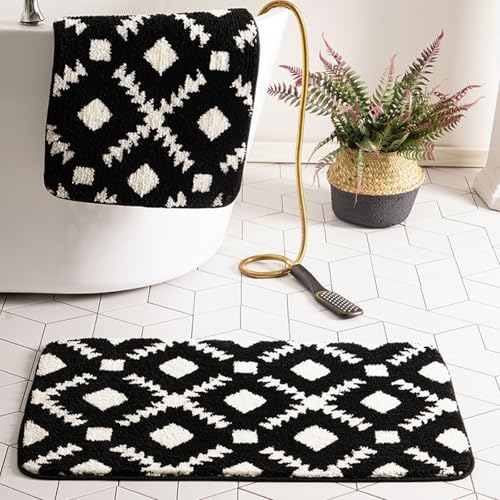 Badematten Schwarzer Jacquard Badematte rutschfest Waschbar Flauschige Badteppich Mikrofaser Saugfähig Badvorleger Duschvorleger von ZZDXL