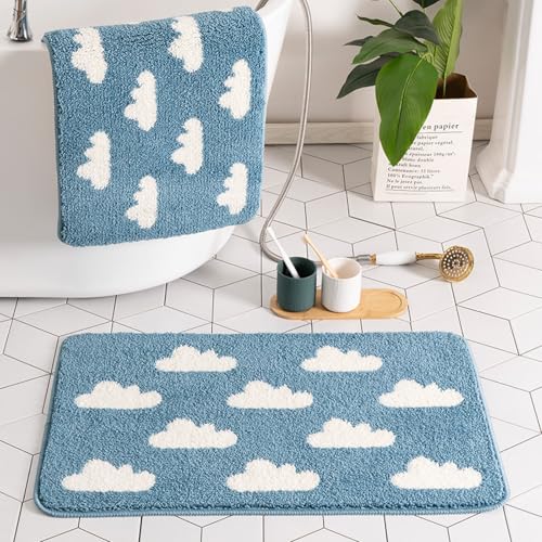 Badematten & Badteppiche Blaue Wolken Super Weich Mikrofaser Badezimmerteppich rutschfeste Waschbar Badteppich Saugfähig Badvorleger Badewanne und Toilette von ZZDXL