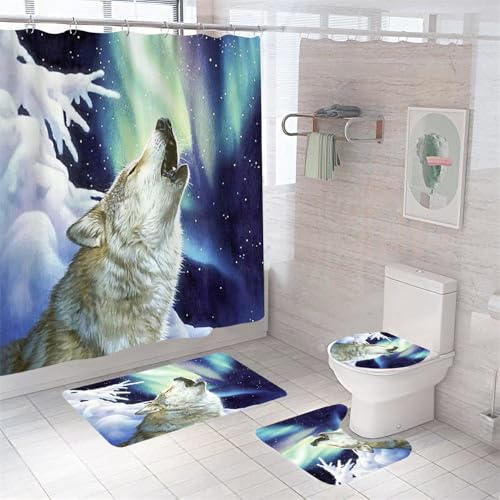 Badezimmerteppich Weißer Wolf Badteppich rutschfest Waschbar Badgarnitur 3 Teilig – Badematte Set Mit Wc-Vorleger Und Badematte,Teppich Badezimmer Für Sicherheit Und Komfort Im Bad 45X75Cm von ZZDXL