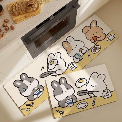 Küchenteppich Süßes Kaninchen Küchenläufer,Teppich Für Küchenteppich Waschbar rutschfest, Fussmatte Aussenküchenfußmatten Mikrofaser Fußmatte Badematten Set 50X160 von ZZDXL
