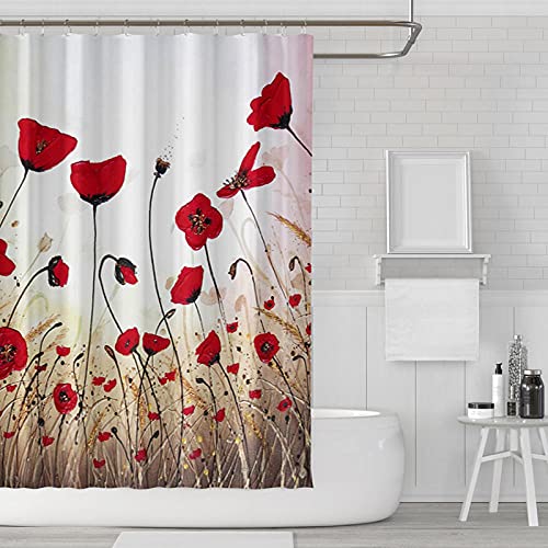 Duschvorhang 180x180 Rote Mohnblumen Shower Curtains Anti-Bakteriell Duschvorhang Antischimmel Waschbar Duschvorhänge Polyester mit 12 Duschvorhangringen Duschvorhang Grau von ZZDXW