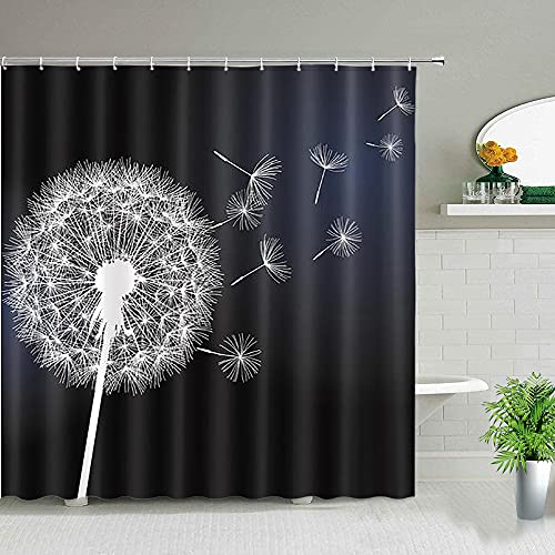 Duschvorhang 180x200 Schwarzer Löwenzahn Shower Curtains Wasserdichter Anti-Schimmel Duschvorhänge Waschbar Duschvorhang Badewanne mit 12 Duschvorhängeringen Duschvorhang von ZZDXW