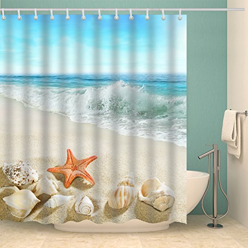 Duschvorhang Beige Orange Strand Shower Curtains Wasserdicht Badewanne Waschbar Polyester Stoff Bad Vorhang mit 12 Ringen Schnell Trocknend Duschvorhänge(180x220cm) von ZZDXW