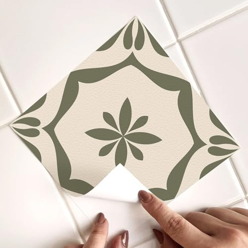 Fliesenaufkleber 15x15 Grüne Beige Blumen Mosaikfliesen Bad Küche PVC Wasserdicht Fliesenfolie Schrank Möbel Küchenrückwand Selbstklebend Wohndekoration Klebefliesen 10 Stück von ZZDXW