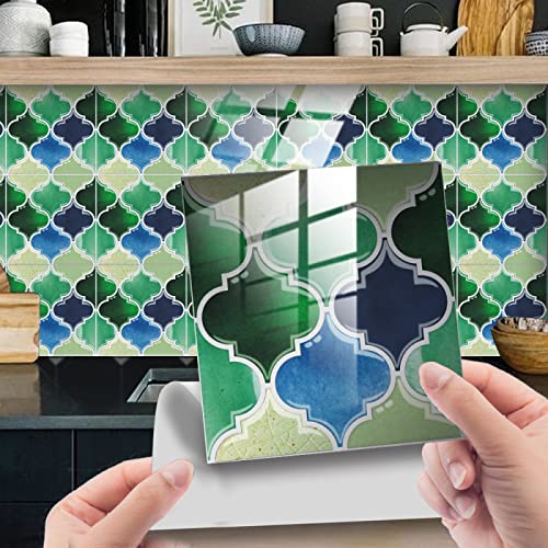 Fliesenaufkleber Grün Blau Geometrie Klebefliesen PVC-Material Mosaikfliesen Wasserdicht Ölfest Fliesenaufkleber bad Fliesenfolie Küchenrückwand Selbstklebend DIY Home Decor 25 Stück/20x20cm von ZZDXW