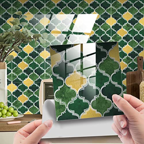 Fliesenaufkleber Grün Geometrisch Gelb Klebefliesen PVC-Material Mosaikfliesen Wasserdicht Ölfest Fliesenaufkleber bad Fliesenfolie Küchenrückwand Selbstklebend DIY Home Decor 25 Stück/20x20cm von ZZDXW