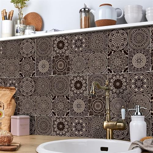 Fliesenaufkleber Kaffee Braun Mandala Klebefliesen Wasserdicht Fliesenaufkleber Bad Fliesenaufkleber Küche Fliesenfolie Mosaikfliesen für Schrank Möbel Küchenrückwand Folie 24 Stück/15x15cm von ZZDXW