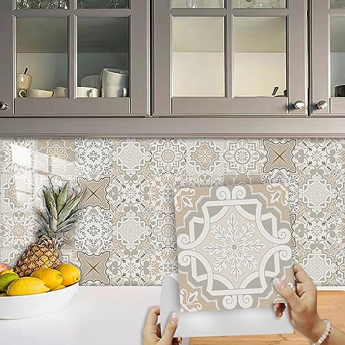 Fliesenaufkleber Marokkanisches Beige Braun Klebefliesen Wasserdicht Ölfest Fliesenaufkleber Bad Küchenrückwand Selbstklebend für Schrank Möbel Tisch Dekoration Fliesenfolie 10 Stück/10x10cm von ZZDXW