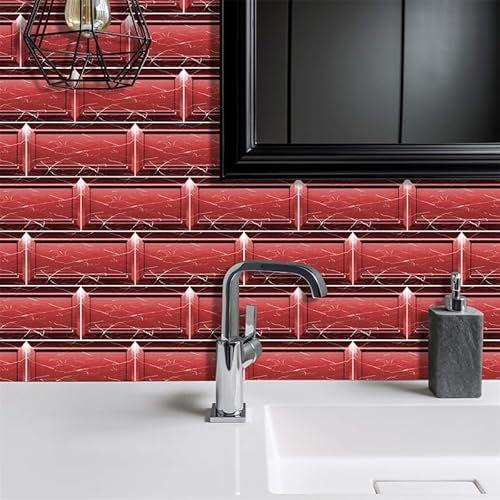 Fliesenaufkleber Retro Rot Weiß Klebefliesen Wasserdicht Ölfest Fliesenaufkleber Bad Küchenrückwand Selbstklebend für Schrank Möbel Tisch Dekoration Fliesenfolie 18 Stück/10x20cm von ZZDXW