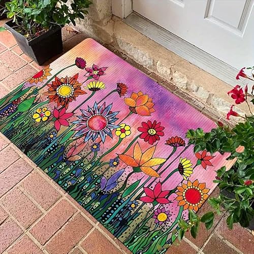 Fußmatte 40x60 cm Lila Orange Blumen Fussmatte Aussen Fussmatte Innen Weich Waschbar rutschfeste Schmutzfangmatte für Flur Haustiere Türmatte Heimdekoration Fussabtreter von ZZDXW
