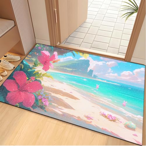 Fußmatte 50x80 cm Beige Strandblume Fussmatte Aussen Fussmatte Innen Weich Waschbar rutschfeste Schmutzfangmatte für Flur Haustiere Türmatte Heimdekoration Fussabtreter von ZZDXW