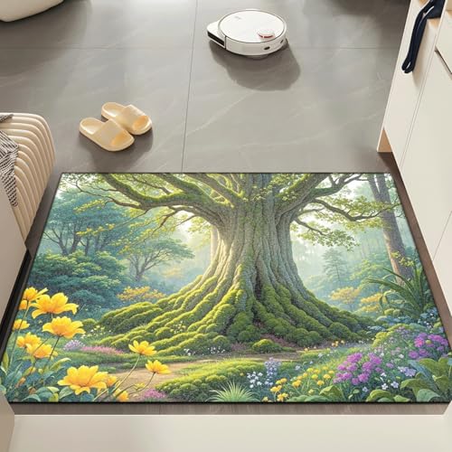 Fussmatte Aussen 40x60 cm Grüne Baum Blumen Fußmatte Außen Innen rutschfeste Schmutzfangmatte für Eingang Patio Flur Garten Türmatte Maschinenwaschbare Fußmatten Haustür von ZZDXW