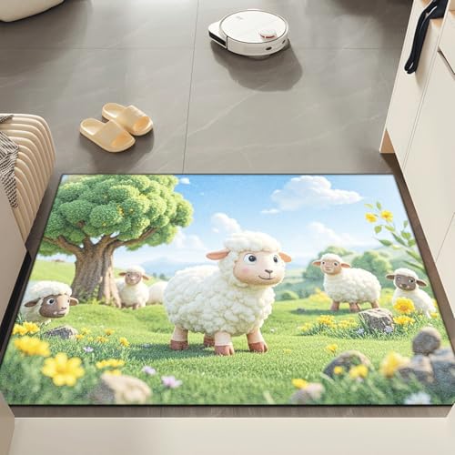 Fussmatte Aussen 40x60 cm Grüne Baumschafe Fußmatte Außen Innen rutschfeste Schmutzfangmatte für Eingang Patio Flur Garten Türmatte Maschinenwaschbare Fußmatten Haustür von ZZDXW