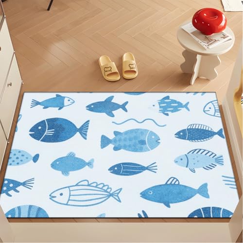 Fussmatte Aussen 50x80 cm Blaue Linie Fisch Fußmatte Außen Innen rutschfeste Schmutzfangmatte für Eingang Patio Flur Garten Türmatte Maschinenwaschbare Fußmatten Haustür von ZZDXW