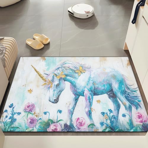 Fussmatte Aussen 50x80 cm Einhorn Goldener Schmetterling Fußmatte Außen Innen rutschfeste Schmutzfangmatte für Eingang Patio Flur Garten Türmatte Maschinenwaschbare Fußmatten Haustür von ZZDXW