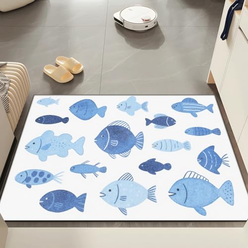 Fussmatte Innen 60x90 cm Dunkelblauer Fisch Fussmatte Aussen rutschfeste für Hund Eingang Badematte Waschbar Schmutzfangmatte Strapazierfähige und Langlebige Fussmatten Haustür von ZZDXW