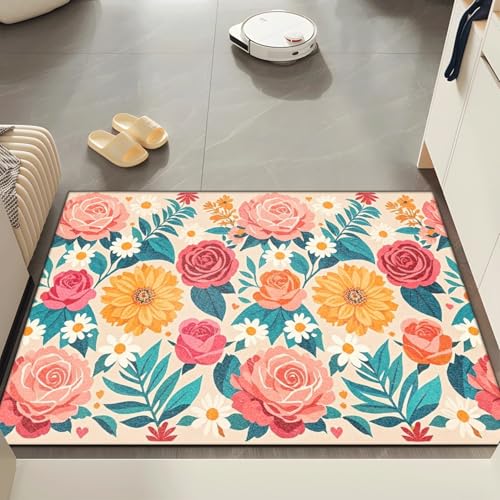 Fussmatte Innen 80x120 cm Blätter Rote Blumen Fussmatte Aussen rutschfeste für Hund Eingang Badematte Waschbar Schmutzfangmatte Strapazierfähige und Langlebige Fussmatten Haustür von ZZDXW