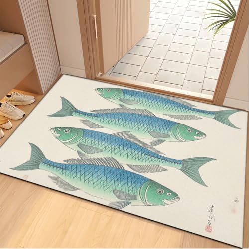 Fussmatte Innen 80x120 cm Grüner Blauer Fisch Fussmatte Aussen rutschfeste für Hund Eingang Badematte Waschbar Schmutzfangmatte Strapazierfähige und Langlebige Fussmatten Haustür von ZZDXW
