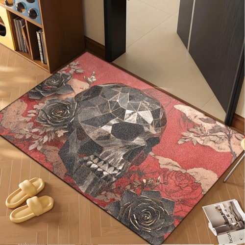 Fussmatte Innen 80x120 cm Rote Blume Schädel Fussmatte Aussen rutschfeste für Hund Eingang Badematte Waschbar Schmutzfangmatte Strapazierfähige und Langlebige Fussmatten Haustür von ZZDXW