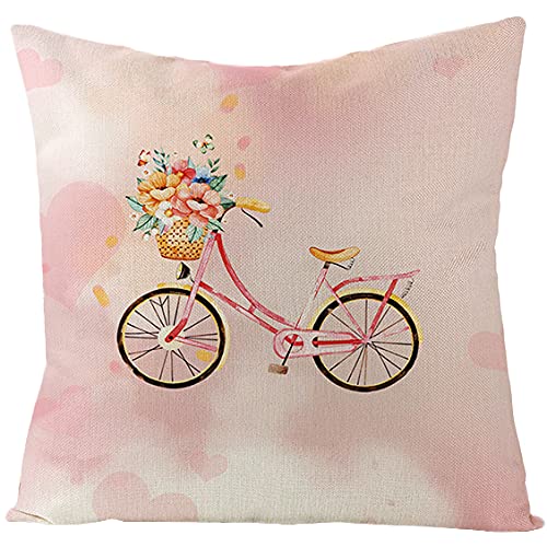 Kissenbezug 40x40 Rosa Fahrrad Blume Dekokissen Leinen Kissenbezüge Hypoallergener Kissenbezug Pillow Cover für Sofa Schlafzimmer Gartenbett Balkon Auto Kissenhüllen von ZZDXW