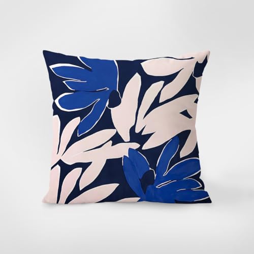 Kissenbezug 60x60 Blaue Rosa Blumen Dekokissen Leinen Kissenbezüge Waschbar Kissenhüllen mit Reißverschluss Pillow Cover Kopfkissenbezug für Sofa Wohnzimmer Garten Outdoor von ZZDXW