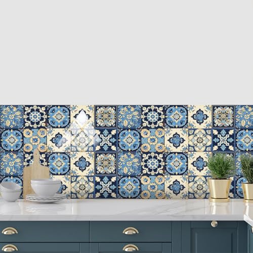 Mosaikfliesen 10x10 cm Elegantes Blaues Marokko Fliesenaufkleber PVC Klebefliesen Wasserdicht Fliesenaufkleber Bad Fliesenaufkleber Küche Schrank Möbel Küchenrückwand Selbstklebend 10 Stück von ZZDXW