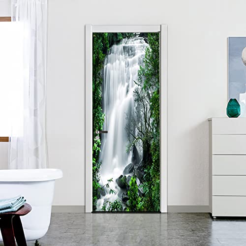 Türtapete Selbstklebend Grüner Waldwasserfall Türfolie Selbstklebend 3D Türtapete Wasserdicht Abnehmbare Türaufkleber PVC Türposter Selbstklebend Wohnzimmer Tür Aufkleber(88x200cm) von ZZDXW