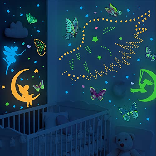 Wandtattoo Kinderzimmer Schmetterling Mond Elfe Leuchtsterne Kinderzimmer Wanddeko Wandsticker Leuchtsterne Selbstklebend Glow in the Dark Wandtattoo Kinderzimmer Mädchen Junge von ZZDXW