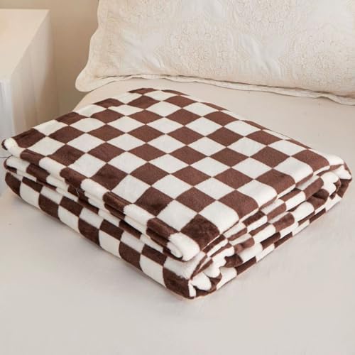 ZZDZW Plüschdecke Schachbrett Muster，Fleecedecke Decke Herbst Wolldecke Schlafdecke Sofadecke Flauschige Kuscheldecke Flauschig Kuschelige Wohndecke Für Sofa Couch Bett(Coffee Check,150x200cm) von ZZDZW