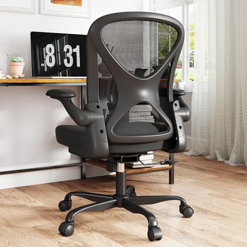 ZZH Ergonomischer Bürostuhl aus Netzstoff mit verstellbarer Lendenwirbelstütze und hochklappbaren Armen, atmungsaktiver Computer-Schreibtischstuhl mit 360° & Höhenverstellung, Schwarz von ZZH