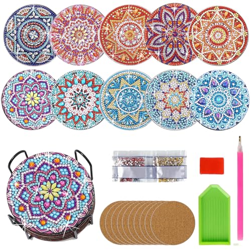 Diamond Painting Untersetzer mit Halter,10 Stück DIY Wiederverwendbare Diamant Mandala Tassenuntersetzer, mit Rutschfester Korkbasis Geeignet für Anfänger, Erwachsene von ZZHBSR
